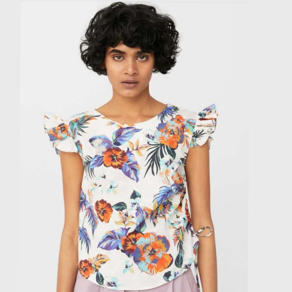 Mango Tropical Print Ruffle Cap Sleeve Cotton Top Ruched Side (Mango 6 = US S)